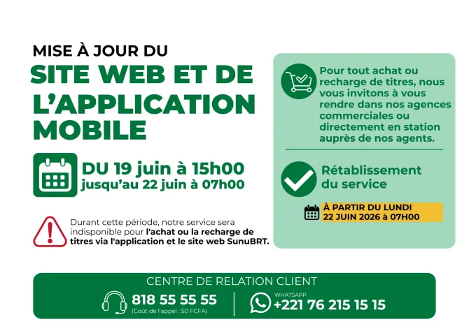Mise à jour du site web et de l&rsquo;application mobile SunuBRT : interruption temporaire des achats et recharges en ligne du 19 au 22 juin 2026 